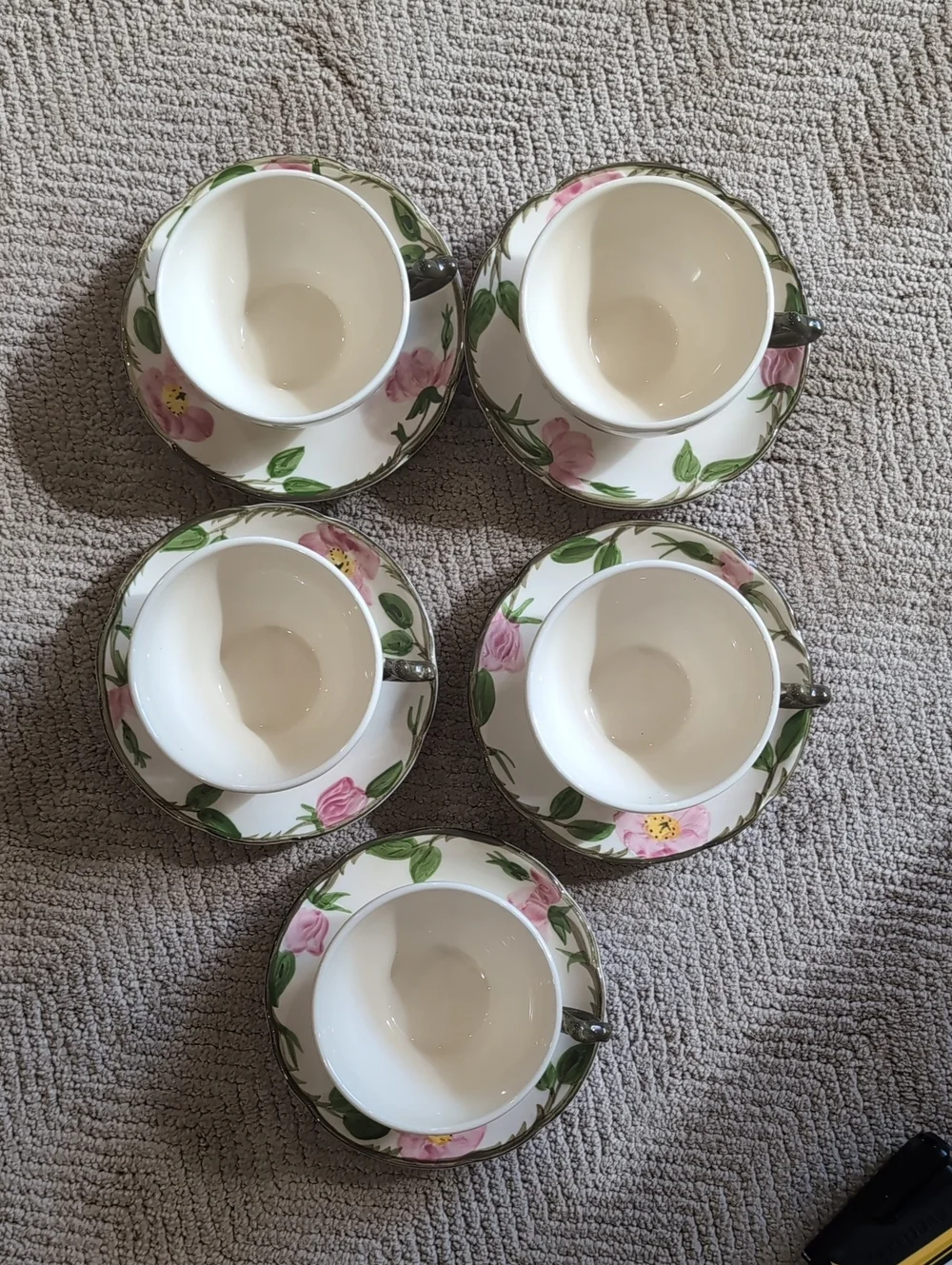 Set Of Five (5) Franciscan Desert Rose Tea Cups And Saucers